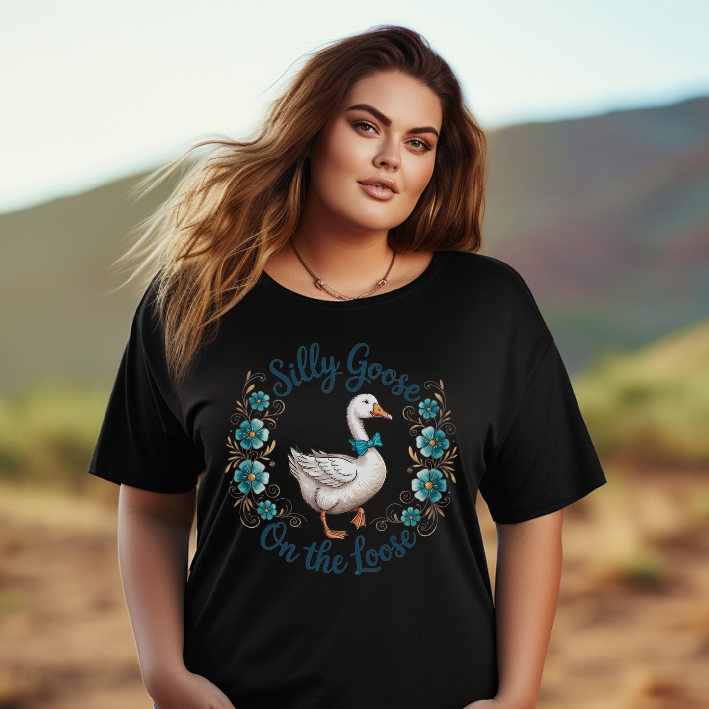 Plus Size Silly Goose Graphic T-Shirt, Floral Embellished Casual Top, Trendy Summer Wear for Women