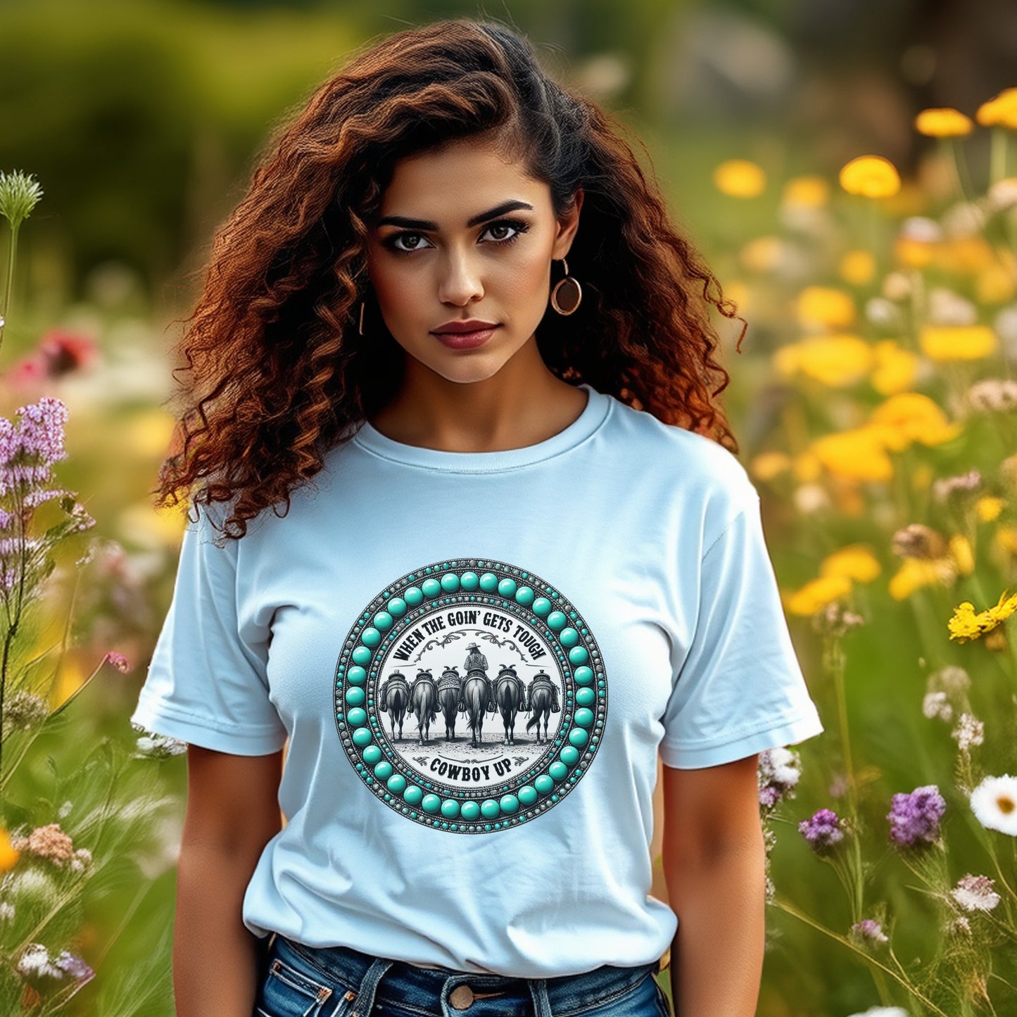 Western Cowboy Graphic T-Shirt, Vintage Style Blue Tee, Casual Women's Cotton Shirt, Boho Floral Background