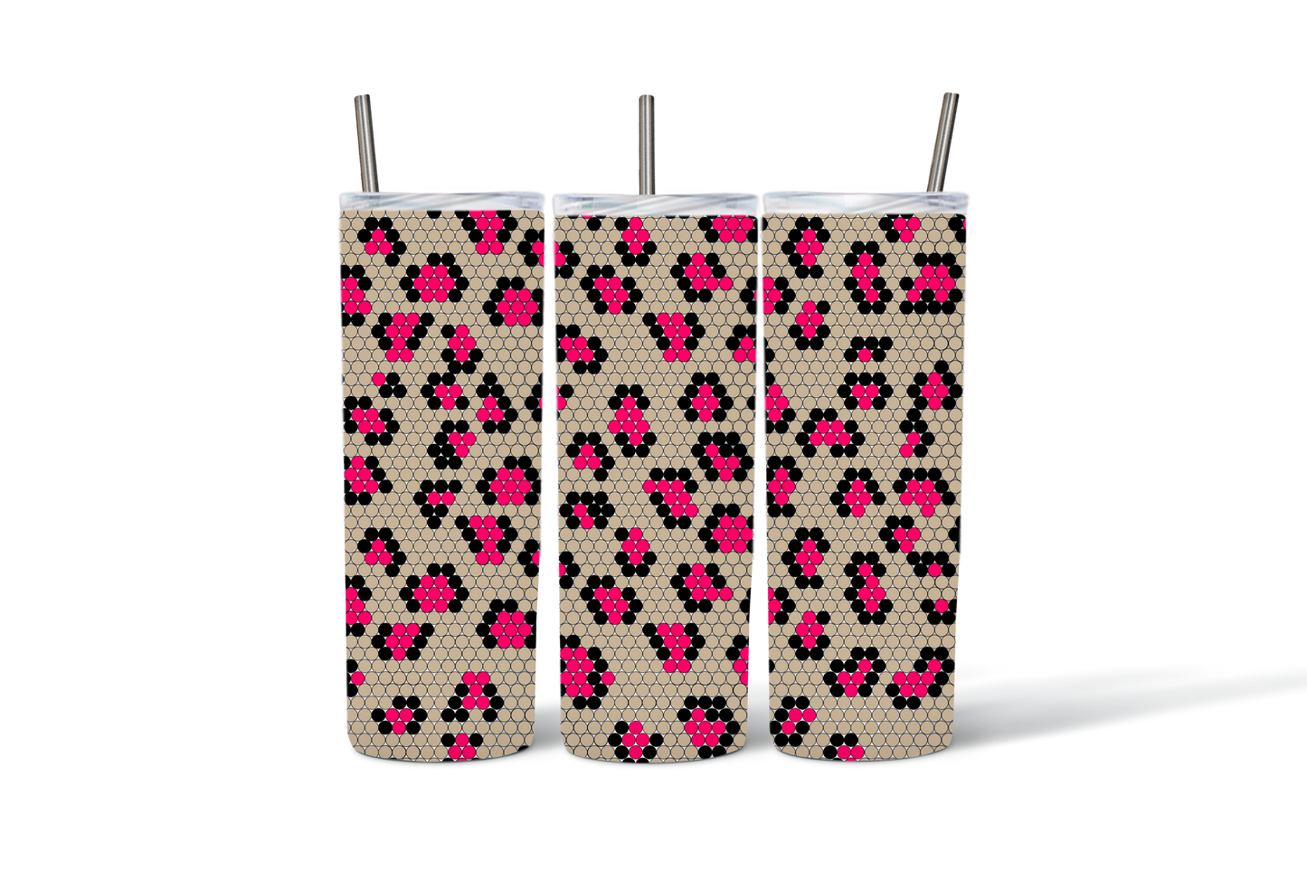 Reusable Stainless Steel Tumblers with Floral Pattern, Black Pink Flowers Insulated Cups with Straws, Set of 3