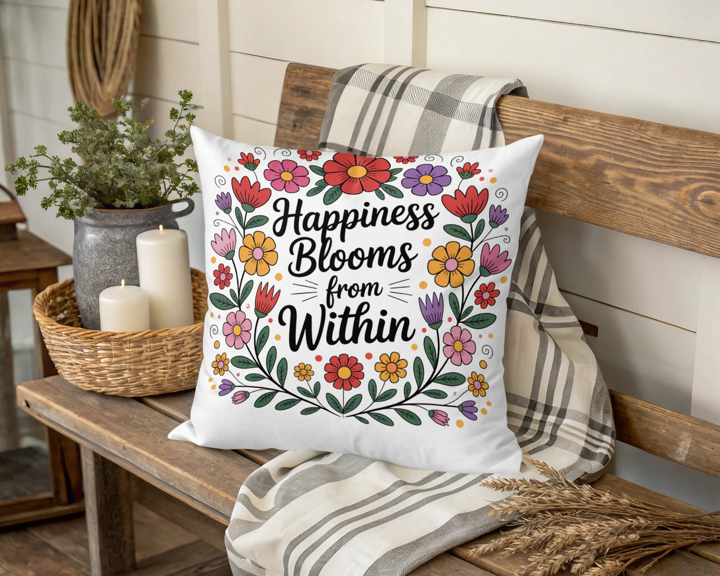 Floral Inspirational Quote Throw Pillow, Colorful Garden Flowers, Home Decor, Happiness Blooms from Within Cushion