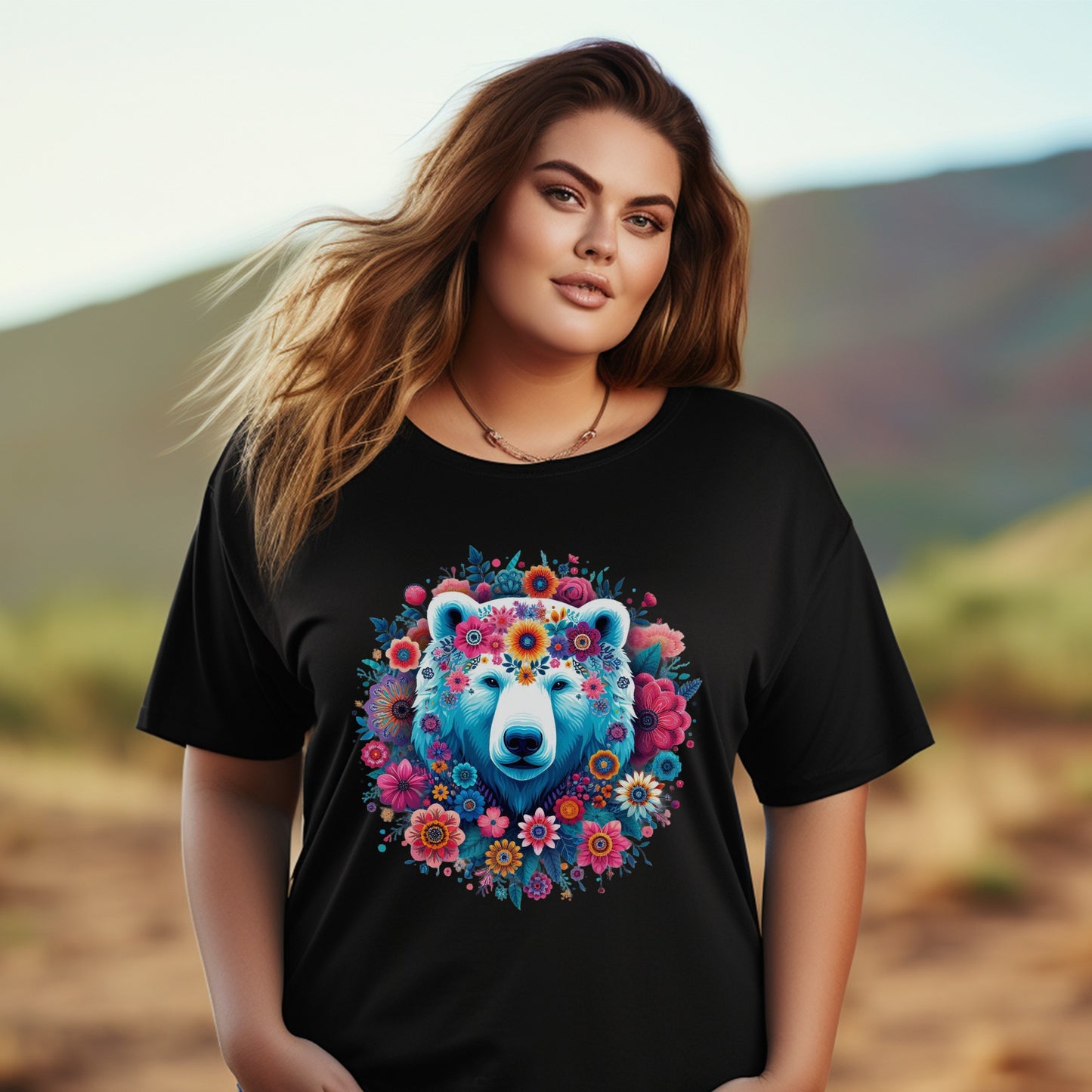 Colorful Bear Floral Design T-Shirt, Women's Graphic Tee, Plus Size Fashion Top, Trendy Nature Inspired Casual Wear