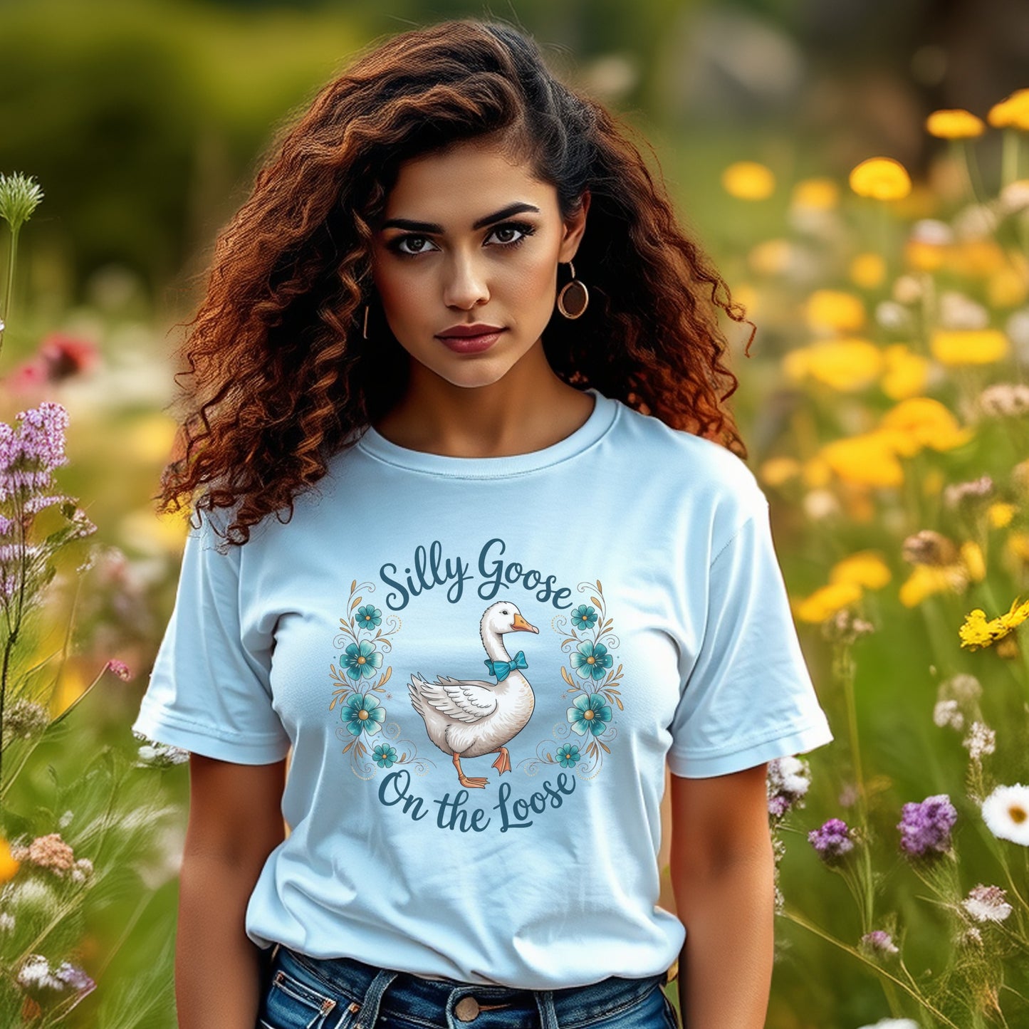 Women's Light Blue T-Shirt, Silly Goose Graphic, Casual Summer Top, Floral Nature Design, Soft Cotton Tee