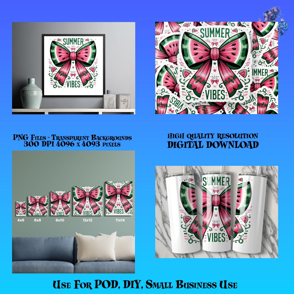 Summer Vibes Watermelon Bow Digital PNG Files for DIY, POD, Small Business Use, High-Resolution Artwork