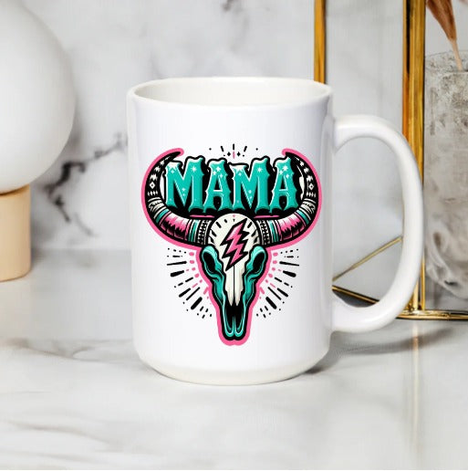 Mama Bull Skull Coffee Mug, Cool Mother's Day Gift, Custom Graphic Cup, Unique Mom Present