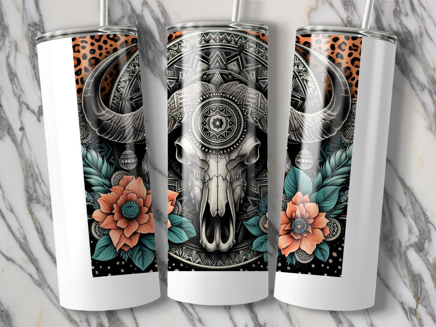 Boho Chic Skull Tumbler, Stainless Steel Insulated Cup, Floral Bull Design, Unique Gift Idea, Travel Mug