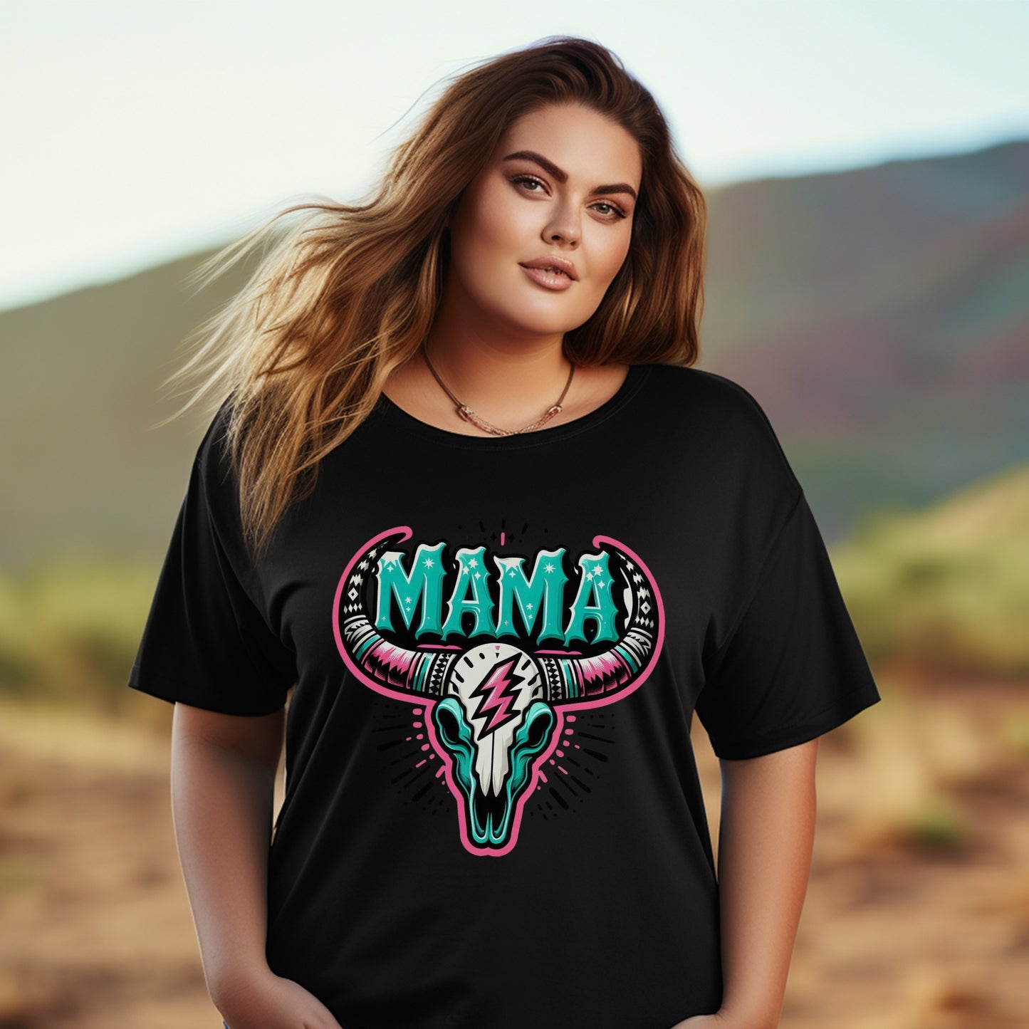 Plus Size Mama T-Shirt with Neon Bull Skull Graphic, Comfortable Casual Outfit for Women