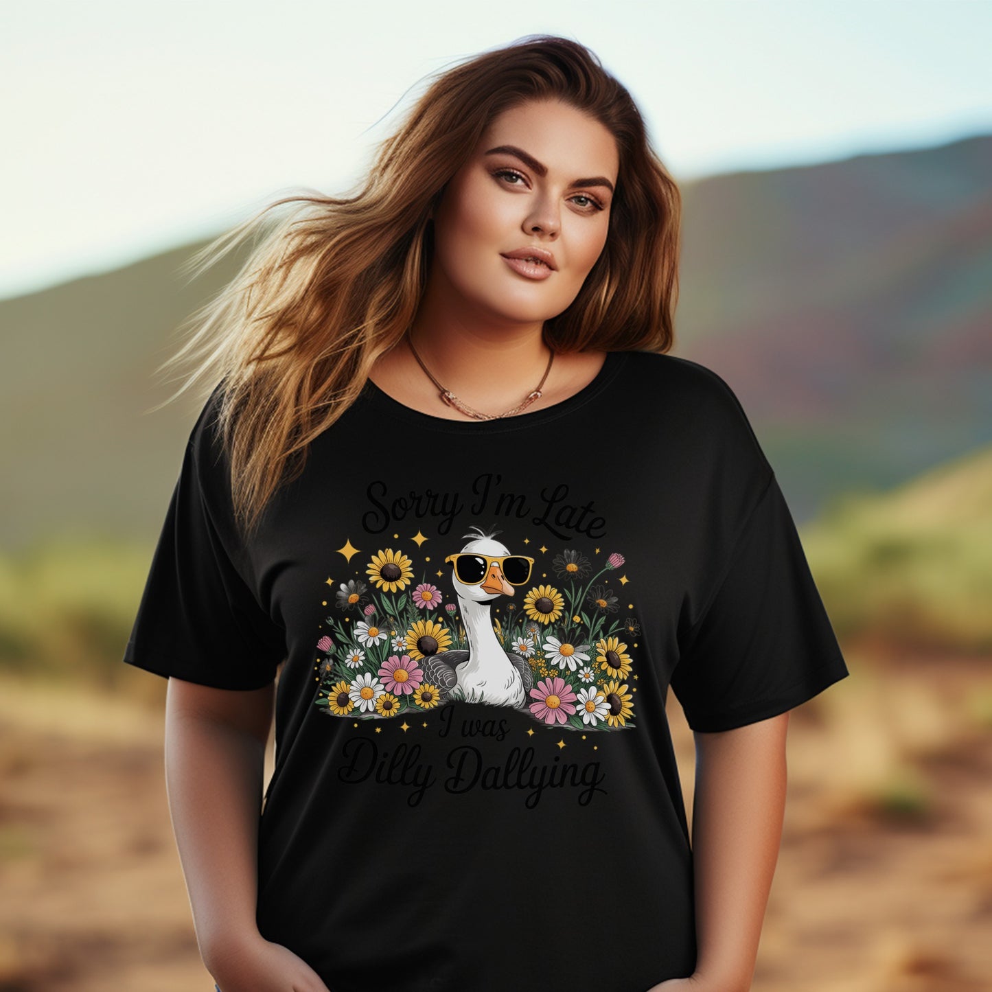 Women's Plus Size Black T-Shirt, Funny Sloth Graphic, Floral Casual Tee, Sunflower Design, Fashion Top for Her