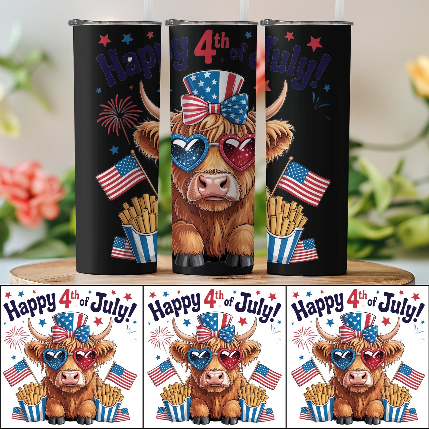 Patriotic Highland Cow Tumbler, 4th of July Insulated Cup, American Flag, Fireworks Design, Unique Holiday Gift Drinkware