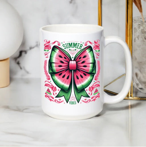 Summer Vibes Watermelon Mug, Tropical Fruit Design, Pink and Green, Ceramic Coffee Cup, Unique Gift Idea