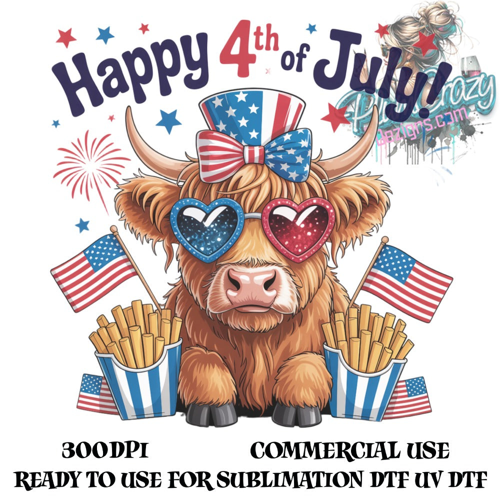 4th of July Highland Cow Sublimation Design, Patriotic Digital Download, Commercial Use Graphic, Festive Clipart, USA Independence Day
