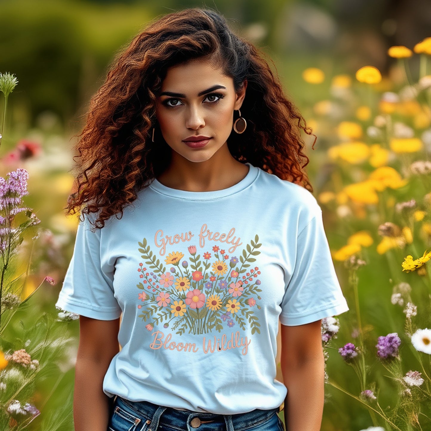Grow Freely Bloom Wildly Floral T-Shirt, Women's Inspirational Quote Tee, Summer Flower Garden Top, Boho Chic Fashion, Casual Wear