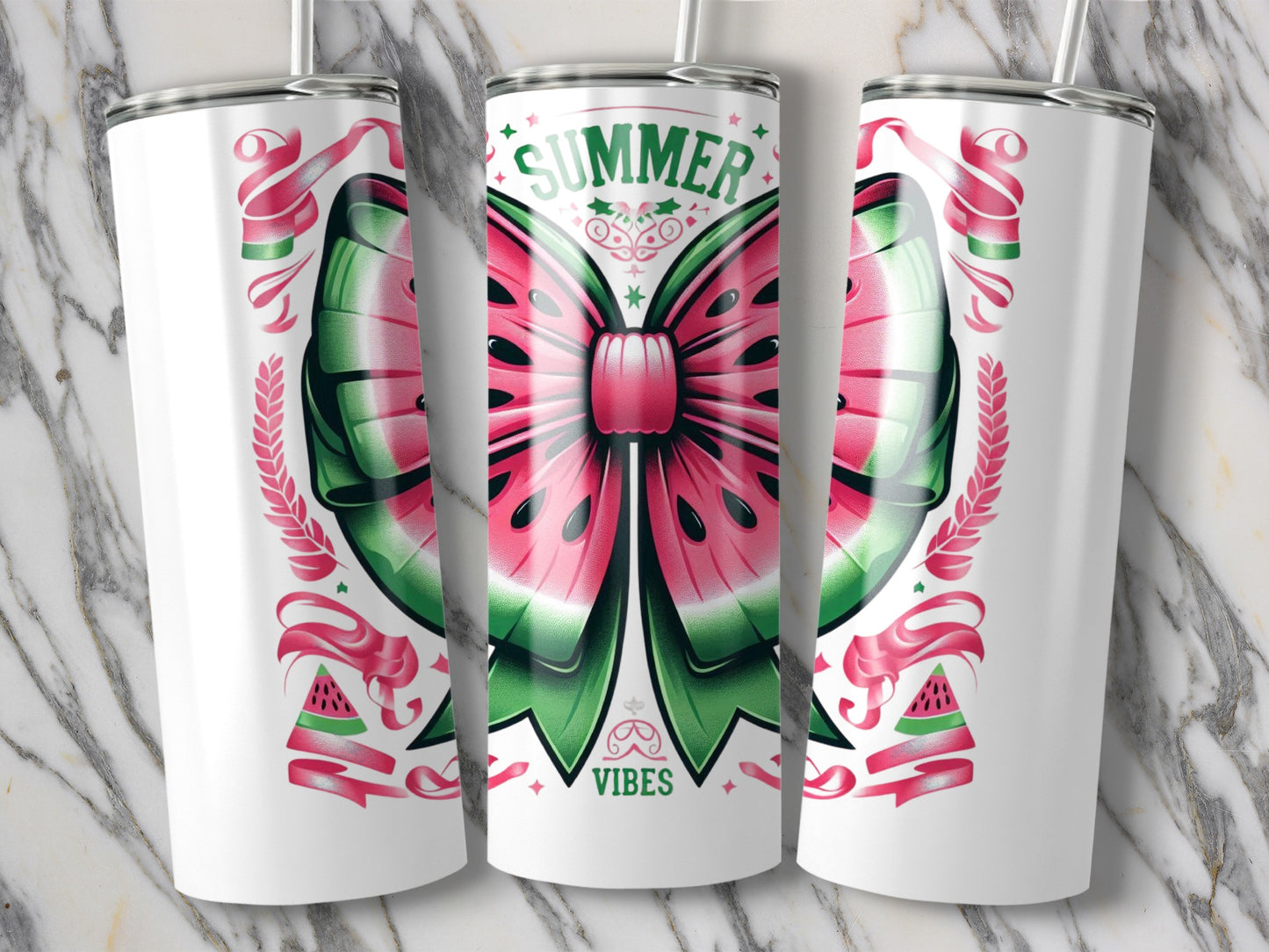 Summer Vibes Watermelon Butterfly Tumbler, Stainless Steel Insulated Drinkware, Floral and Fruit Design
