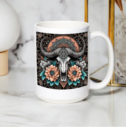 Boho Skull Mug, Floral Buffalo Skull Coffee Cup, Aesthetic Tribal Kitchen Decor, Unique Gift Idea
