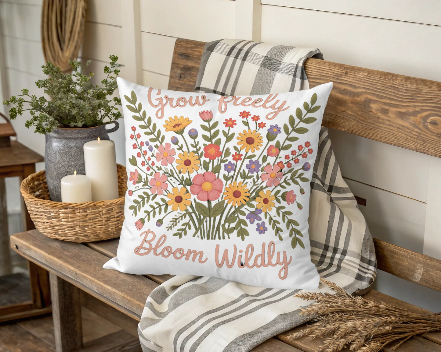 Floral Inspirational Quote Throw Pillow, Grow Freely Bloom Wildly, Home Decor Cushion