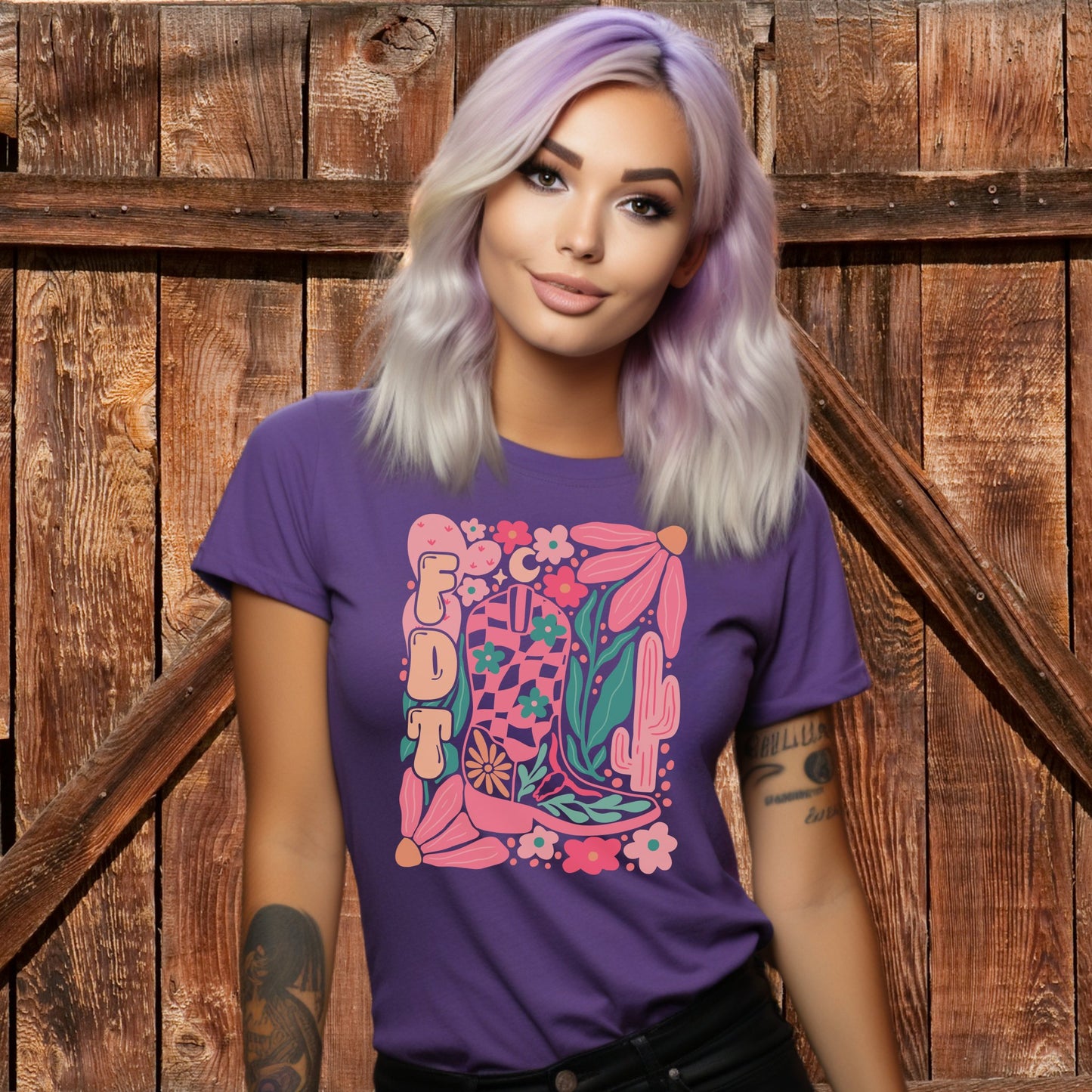 Colorful Retro Graphic Print on Purple T-shirt product type