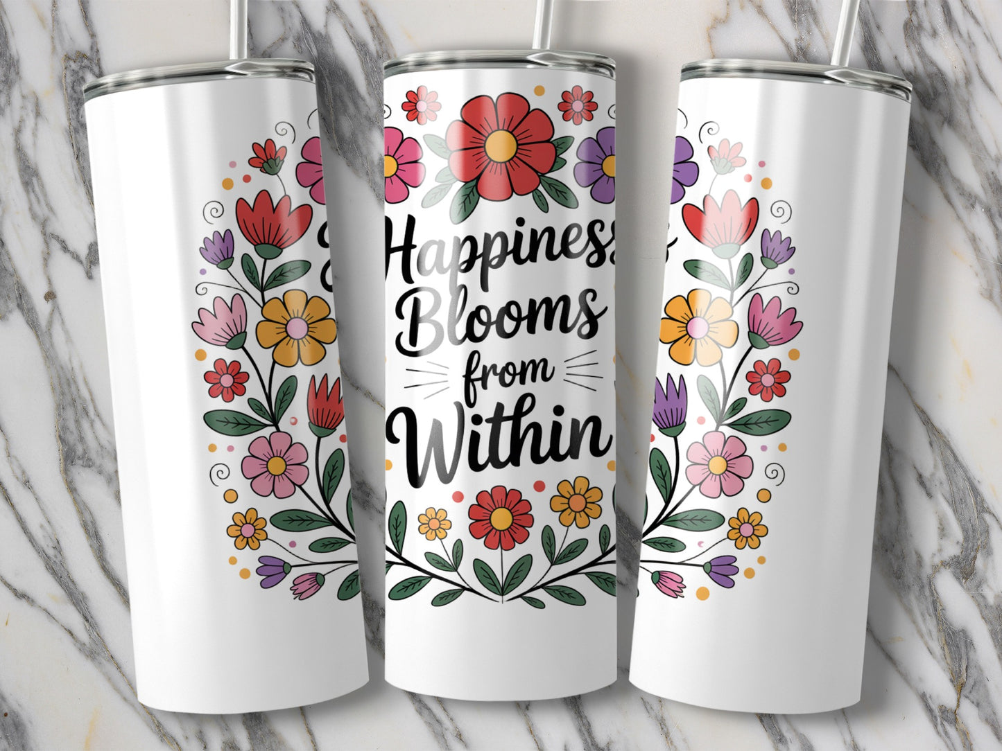 Floral Tumbler Cups, Happiness Blooms from Within, Insulated Stainless Steel, Colorful Flower Design, Gift Idea