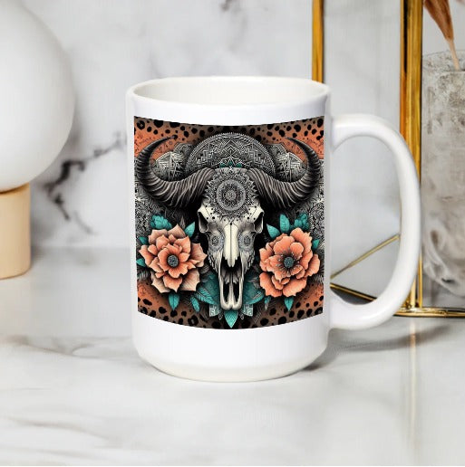 Bohemian Skull Mug, Floral and Geometric Design, Aesthetic Coffee Cup, Unique Kitchen Decor, Gift Idea