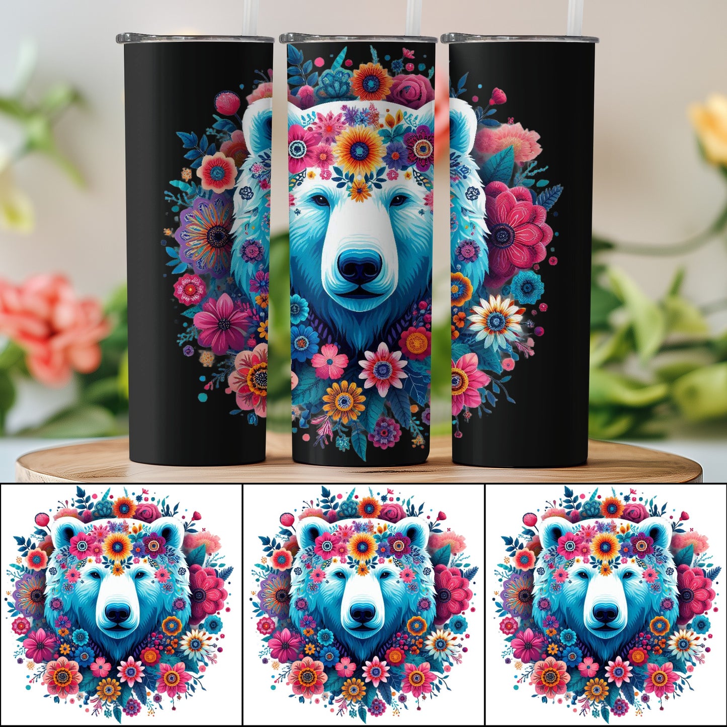 Colorful Bear Floral Art Tumbler, Insulated Drinkware, Unique Wildlife Gift, Boho Chic Style Drink Cup