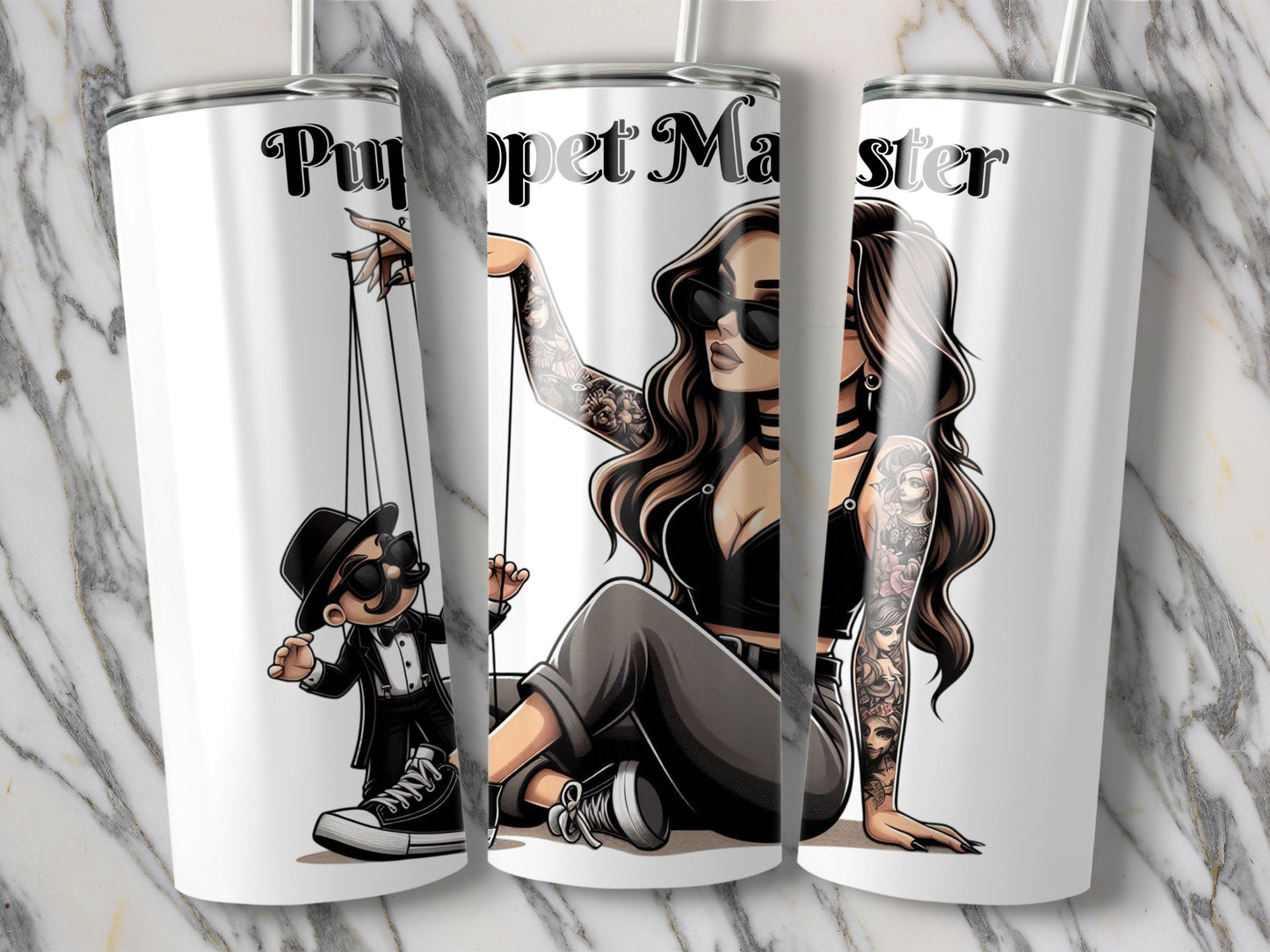 Puppet Master Tumbler, Illustrated Cartoon Style Character Design, Unique Graphic Travel Mug
