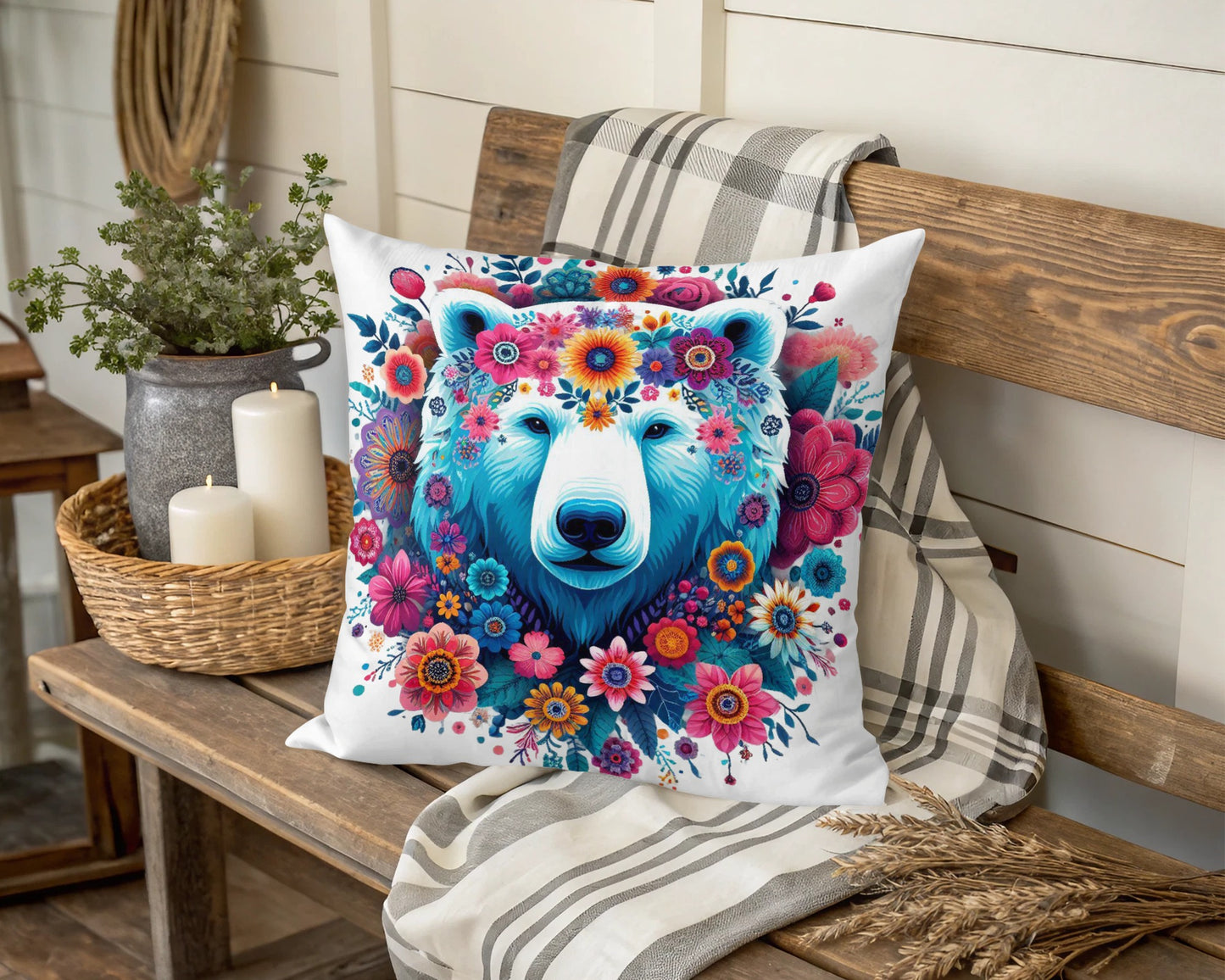 Colorful Floral Bear Throw Pillow, Decorative Cushion, Artistic Wildlife Home Decor, Unique Sofa Accent, Bohemian Style Bedroom Accessory