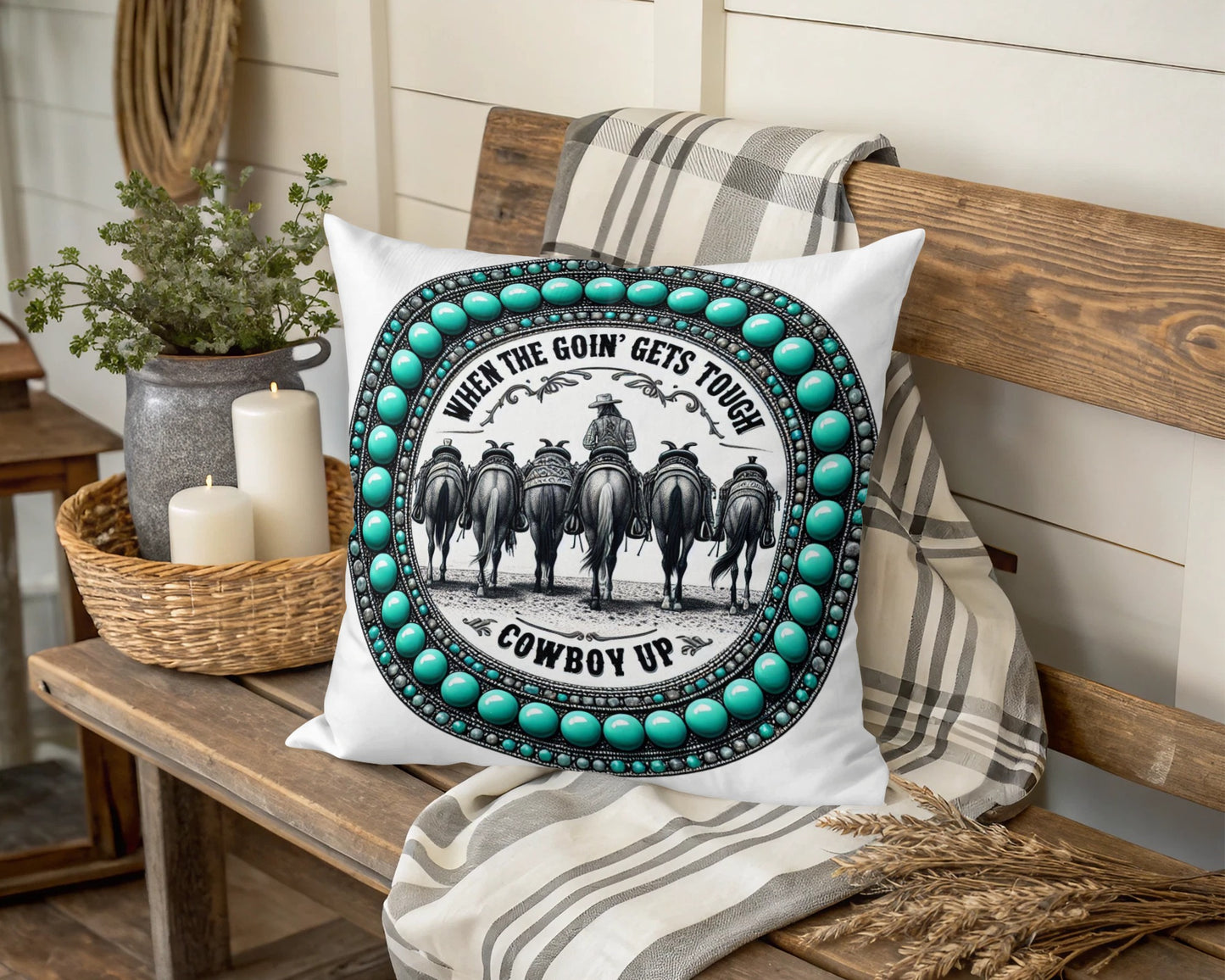 Cowboy Up Themed Throw Pillow, Western Decor, Turquoise Bead Accent, Inspirational Quote, Home Furnishing, Rustic Style