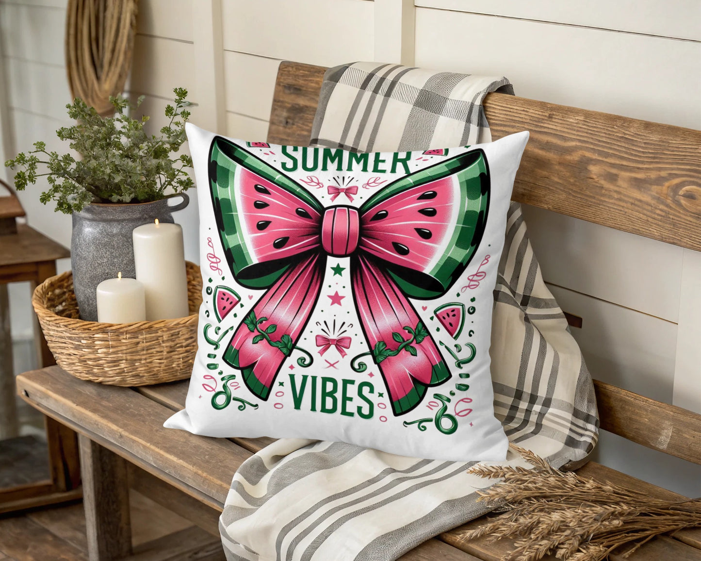 Summer Vibes Throw Pillow, Pink Bow Design, Decorative Cushion for Home Decor