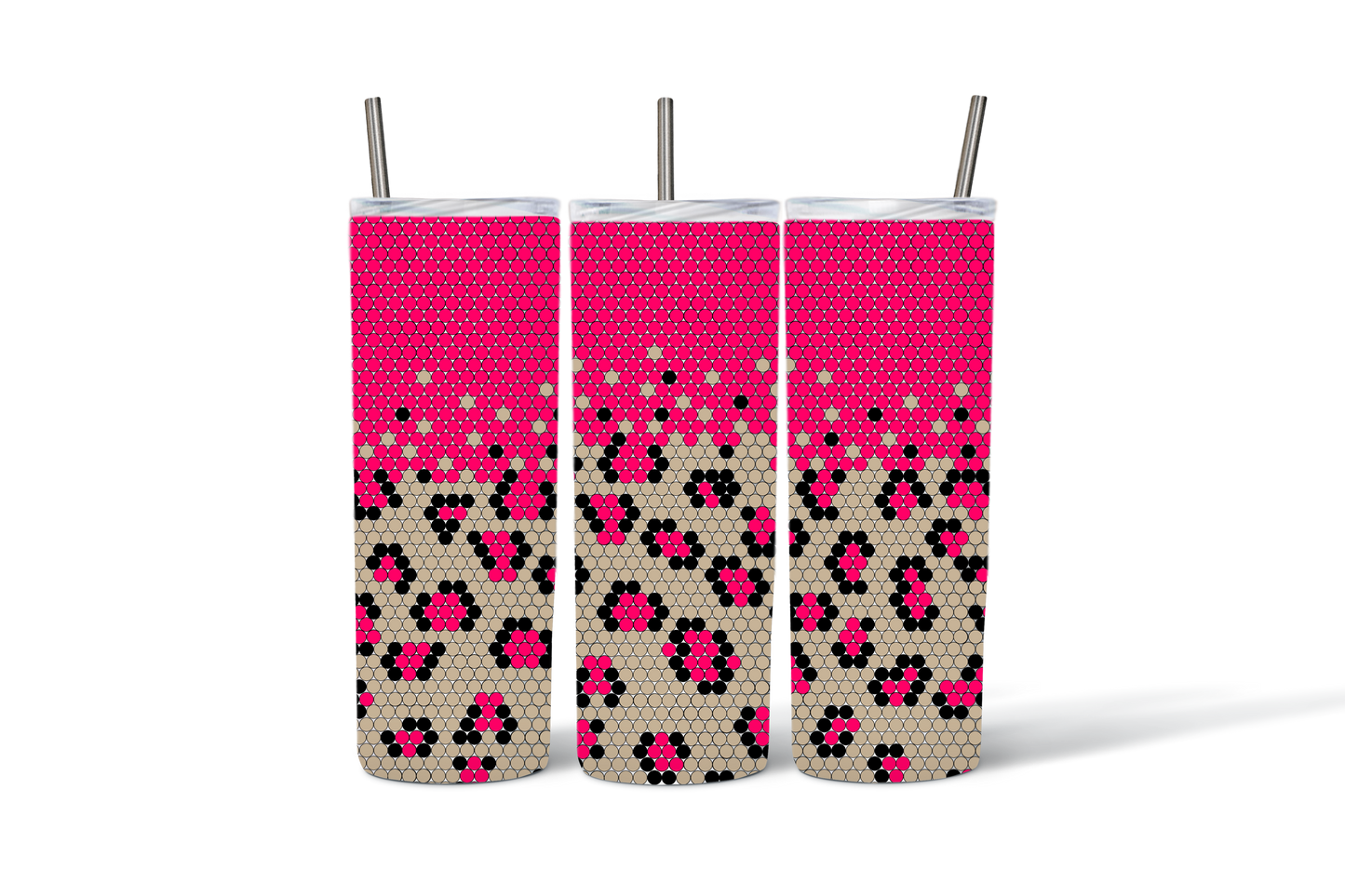 Reusable Insulated Tumblers Pink Floral Design Stainless Steel Cups with Straws Set of 3