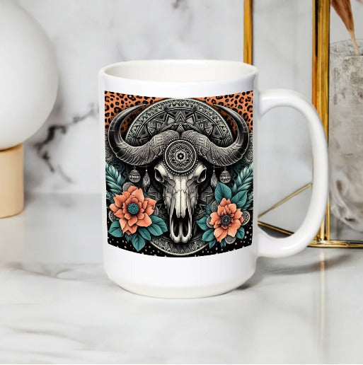 Bohemian Skull Mug, Floral Bull Skull Ceramic Coffee Cup, Unique Boho Kitchen Decor, Gift Idea