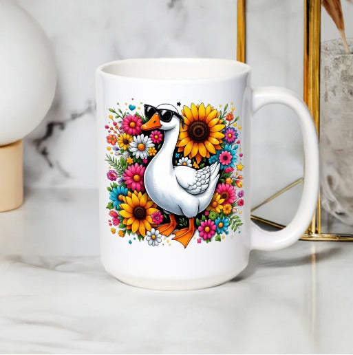 Colorful Goose Floral Mug, Bright Sunflower Daisy Coffee Cup, Unique Bird Lover Gift