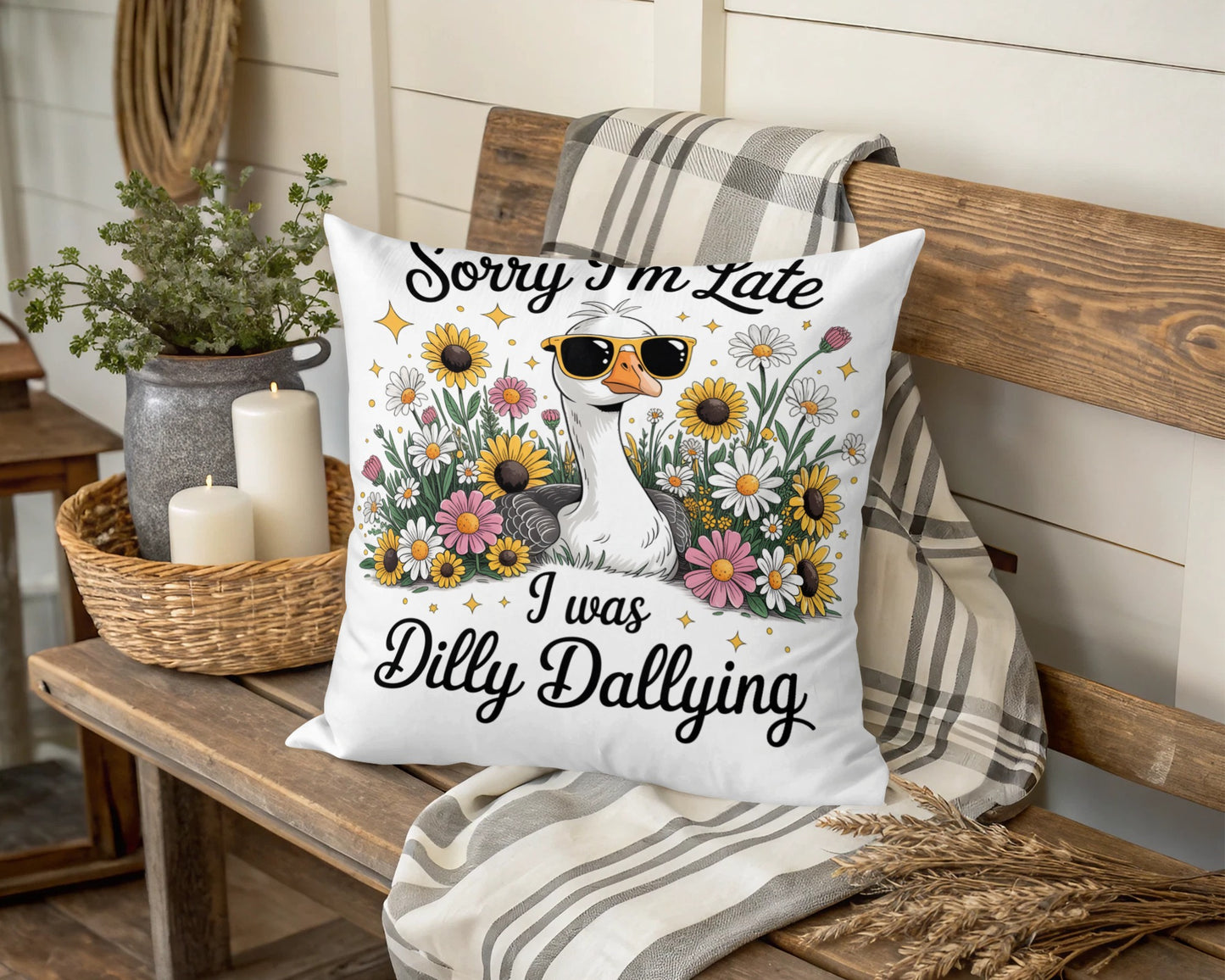 Whimsical Goose Floral Pillow Cover, Sorry I'm Late I Was Dilly Dallying, Decorative Throw Pillow, Farmhouse Decor, Unique Gift Idea