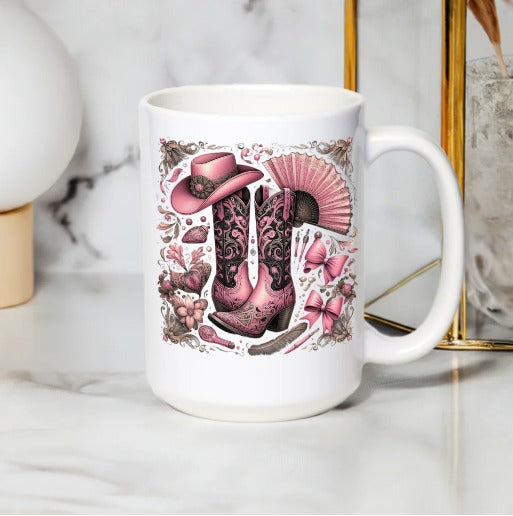 Vintage Victorian Shoe and Fan Design Coffee Mug, Pink Elegant Feminine Tea Cup Gift