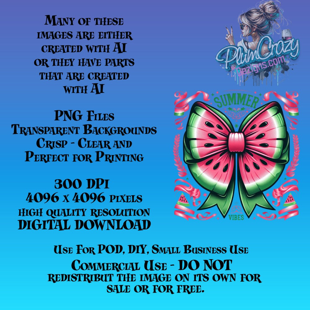 Summer Vibes Watermelon Bow Digital Download, High Quality PNG, Commercial Use, Perfect for Printing and Crafts 300 DPI