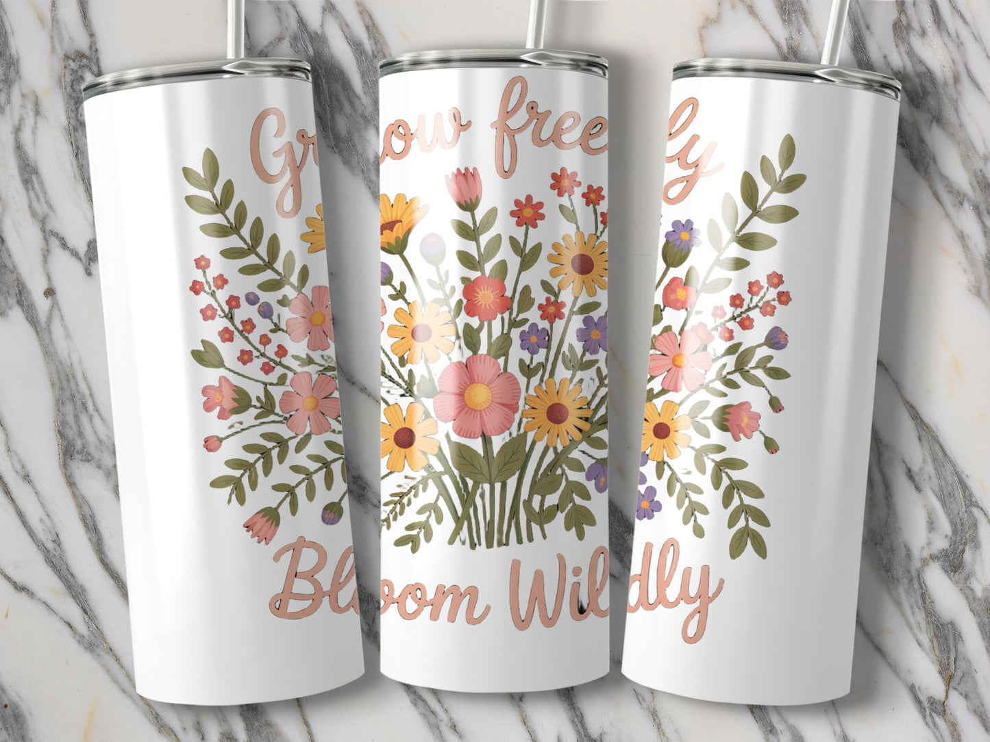 Floral Insulated Tumbler, Customizable 'Grow Freely Bloom Wildly' Quote, Stainless Steel Travel Mug, Unique Flower Design Drinkware