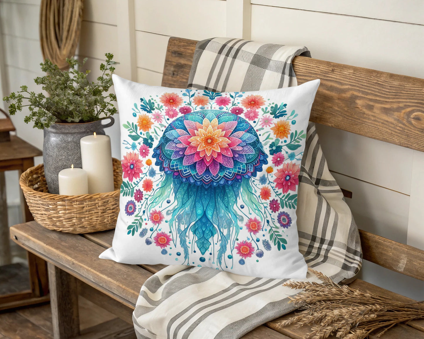 Colorful Floral Mandala Cushion Cover, Bohemian Style Decorative Throw Pillow, Home Decor Accent