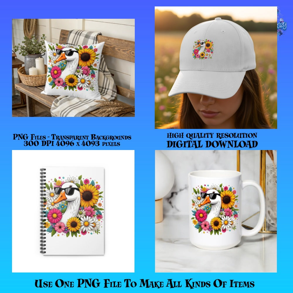 Floral Sunflower Puffin Design Pillow, Hat, Notebook, Mug - Digital PNG Files