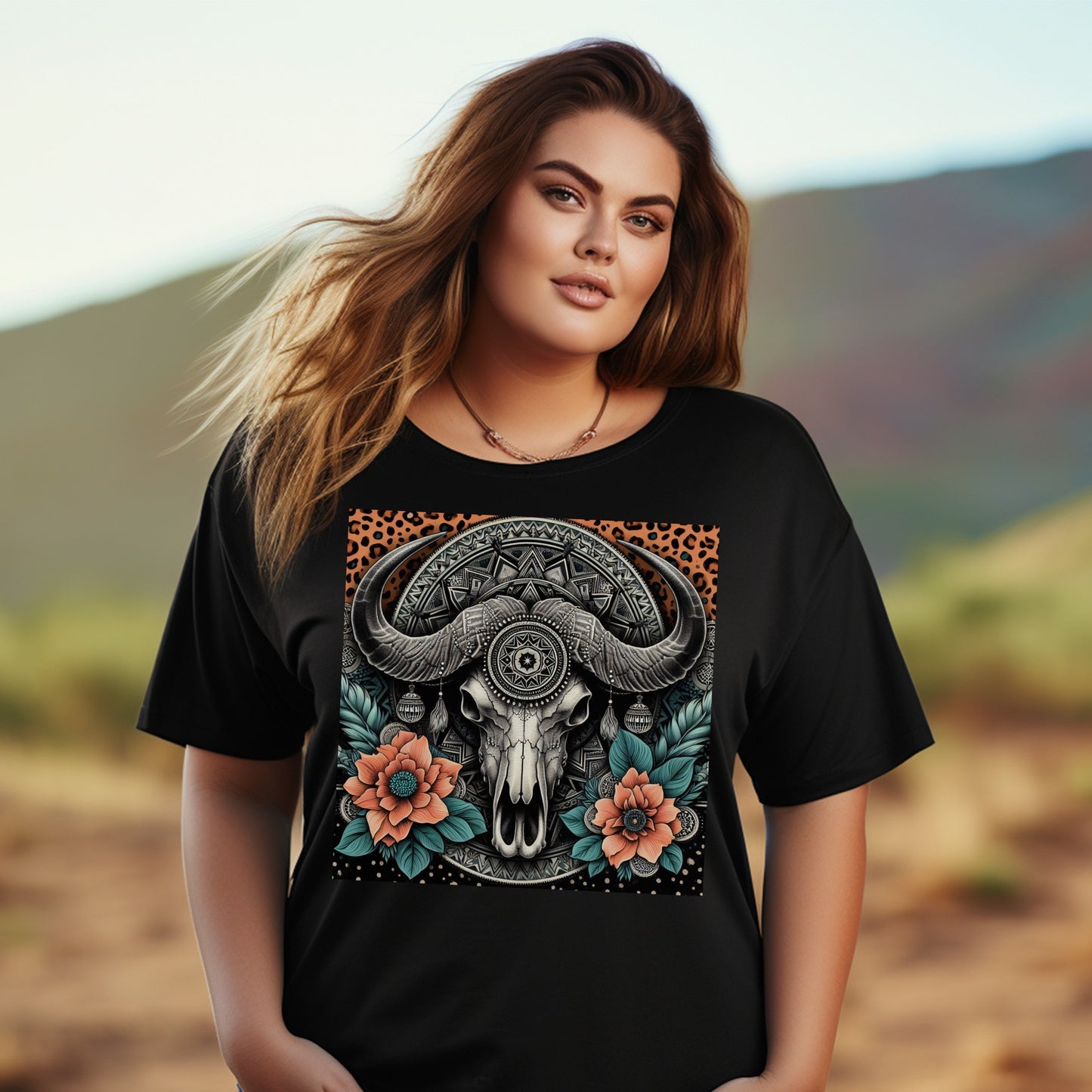 Boho Skull T-Shirt, Floral Bull Graphic Tee, Plus Size Women's Fashion Top, Casual Wear, Unique Gift Idea