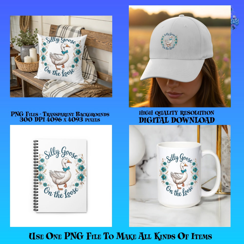Silly Goose Quote Pillow, Embroidered Hat, Notebook, Coffee Mug Set - Digital PNG Files