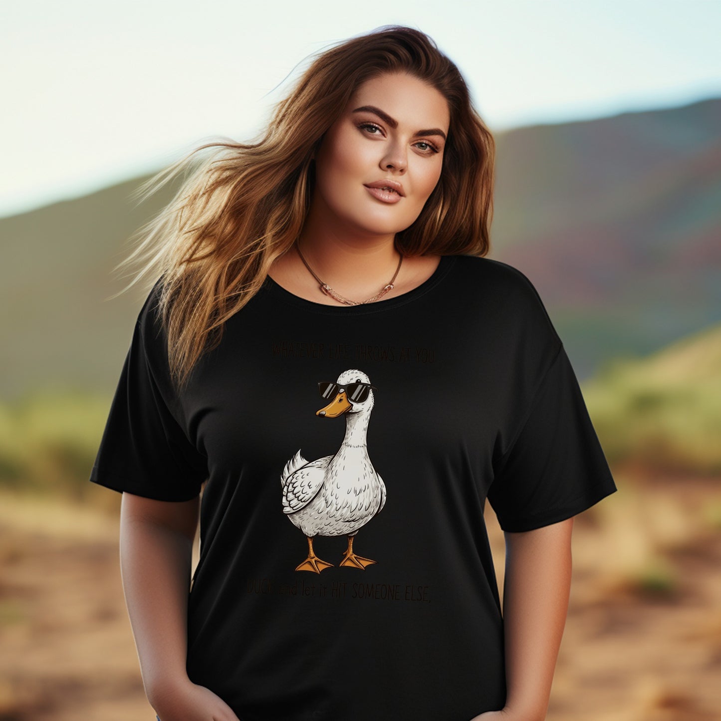 Funny Duck Graphic T-Shirt, Casual Black Tee, Women's Plus Size Fashion, Trendy Animal Print Top