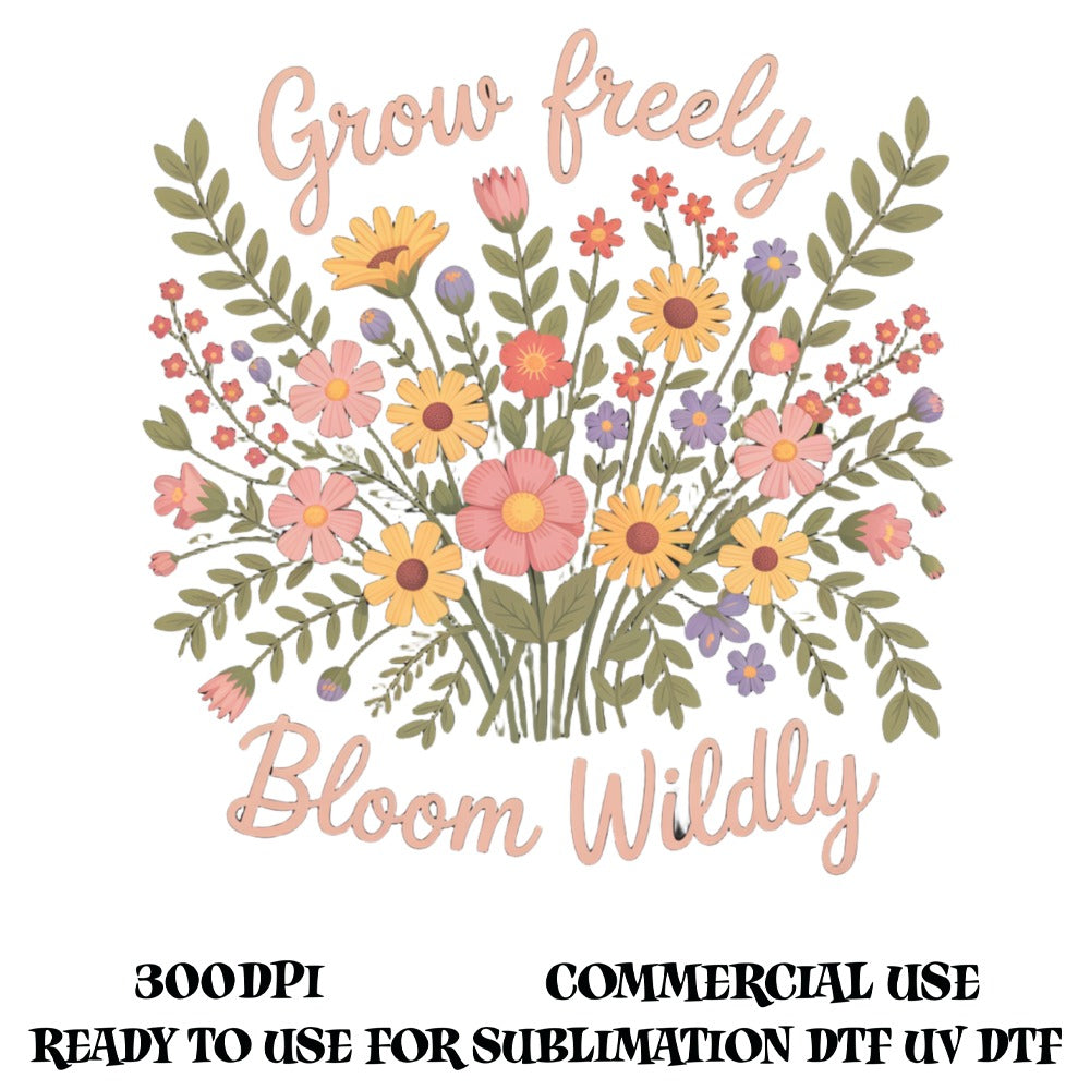 Grow Freely Bloom Wildly Floral Graphic for Sublimation, Commercial Use, 300dpi, Ready to Use DTF UV DTF Design