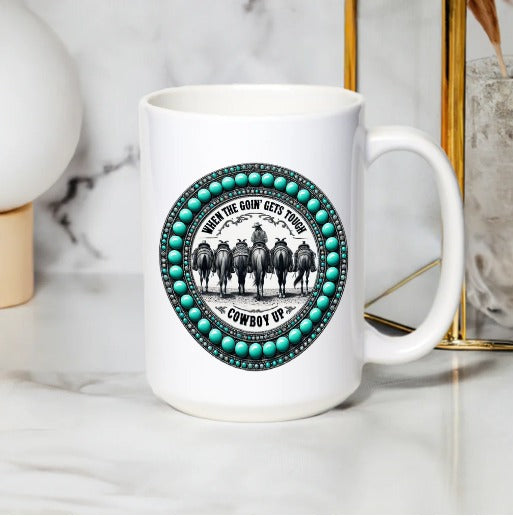 Cowboy Up Coffee Mug, Western Style Ceramic Cup, Horse Silhouette, Turquoise Details, Gift for Rodeo Lovers