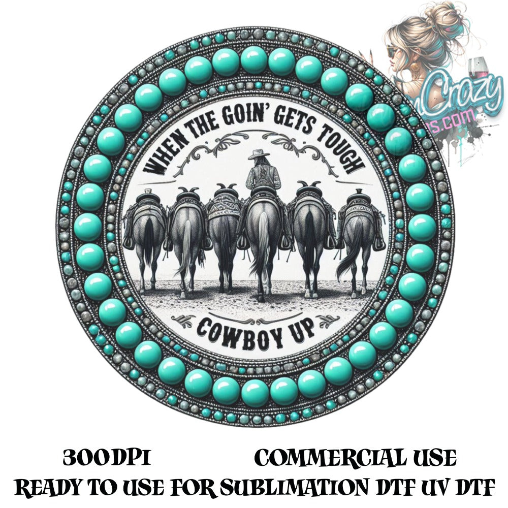 Cowboy Up Vintage Western Belt Buckle Design, Turquoise Accents, Sublimation Graphic, Commercial Use, 300DPI, Ready to Use Digital File