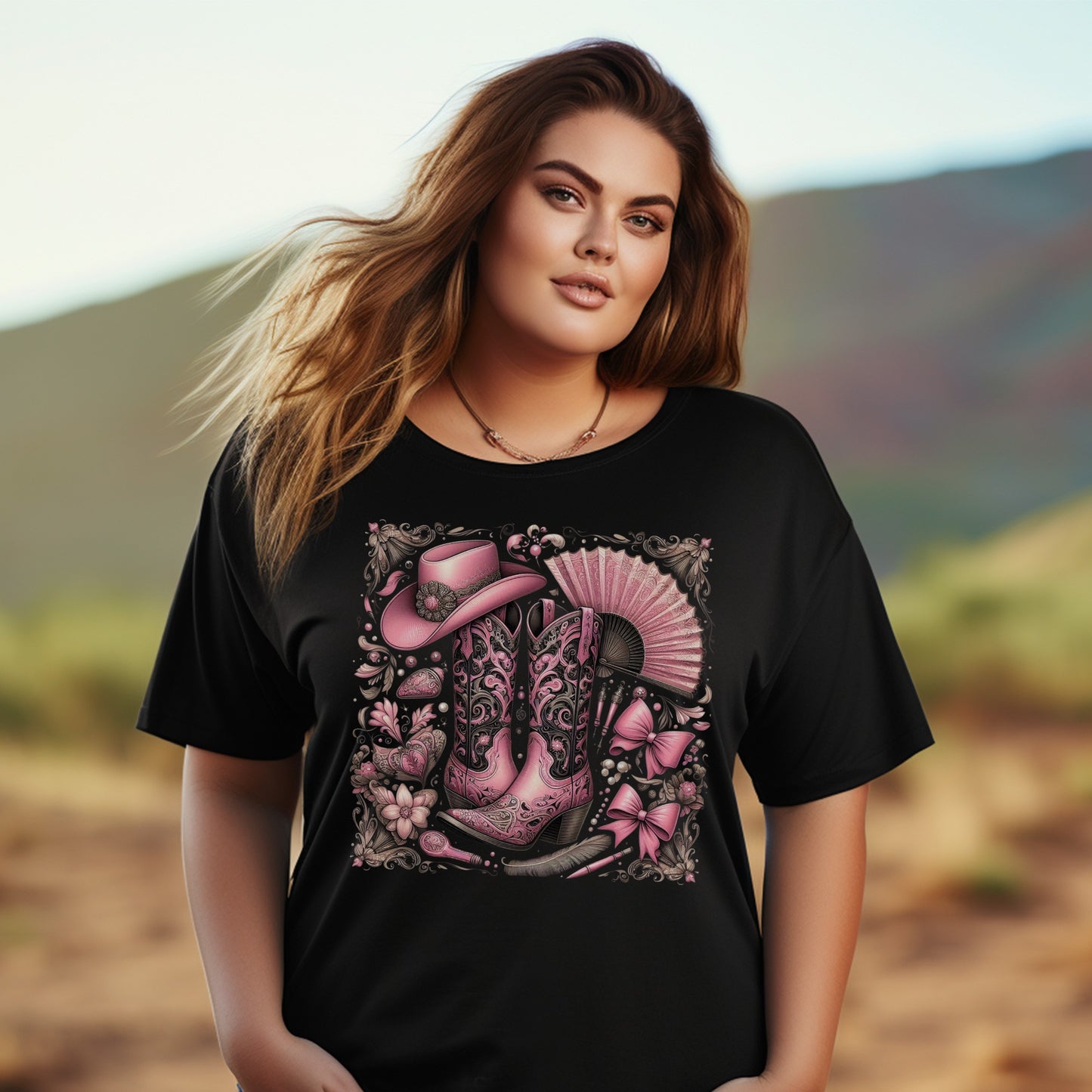 Women's Plus Size Black T-Shirt with Pink Ornate Graphic Print, Casual Fashion Top