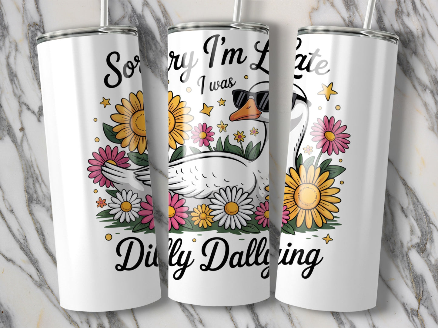 Sorry I'm Late I Was Dilly Dallying Swan Tumbler, Floral Insulated Drinkware, Stainless Steel Water Bottle, Gift Idea