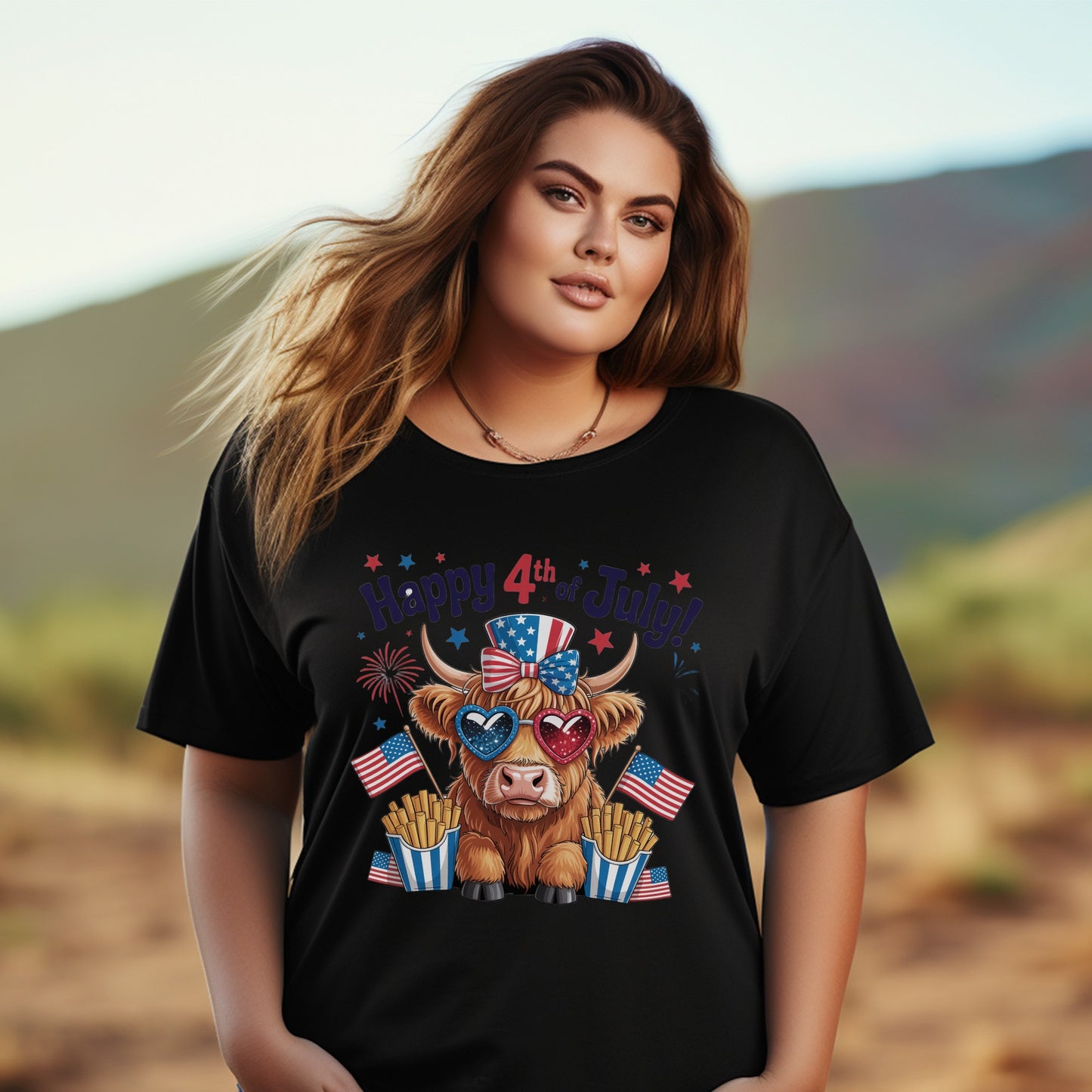 Women's 4th of July T-Shirt, Cute Cow Graphic, Patriotic Tee, Plus Size Available, Casual Summer Top