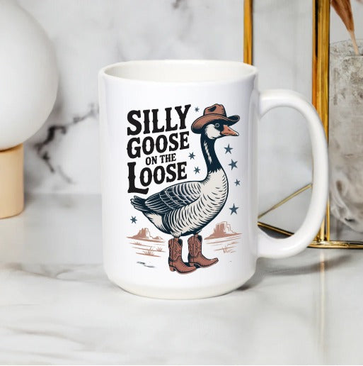 Silly Goose on the Loose Graphic Mug, Funny Animal Coffee Cup, White Ceramic Novelty Drinkware, Gift Idea for Bird Lovers