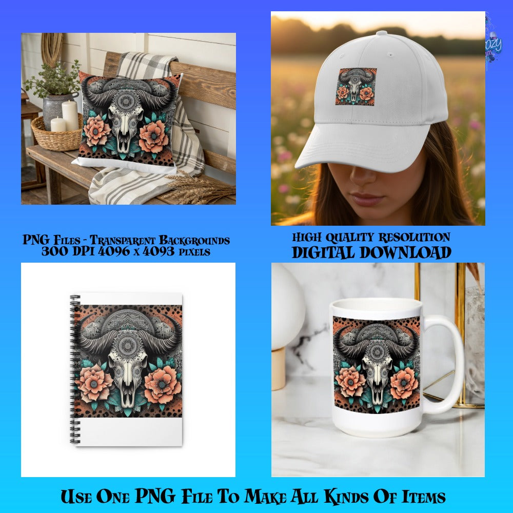 Boho Chic Elephant Floral Design Cushion, Hat, Notebook, Coffee Mug Set - High Resolution Digital Files