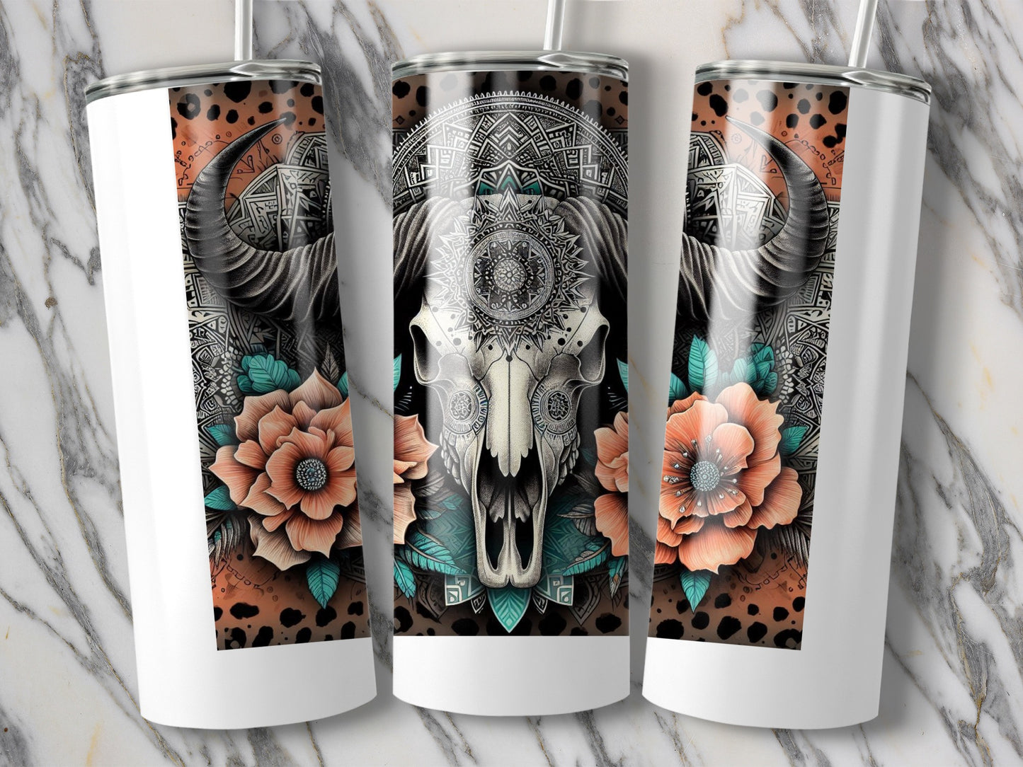 Boho Skull Tumbler, Stainless Steel Insulated Cup, Floral Mandala Design, 20 oz Travel Mug, Unique Gift Idea