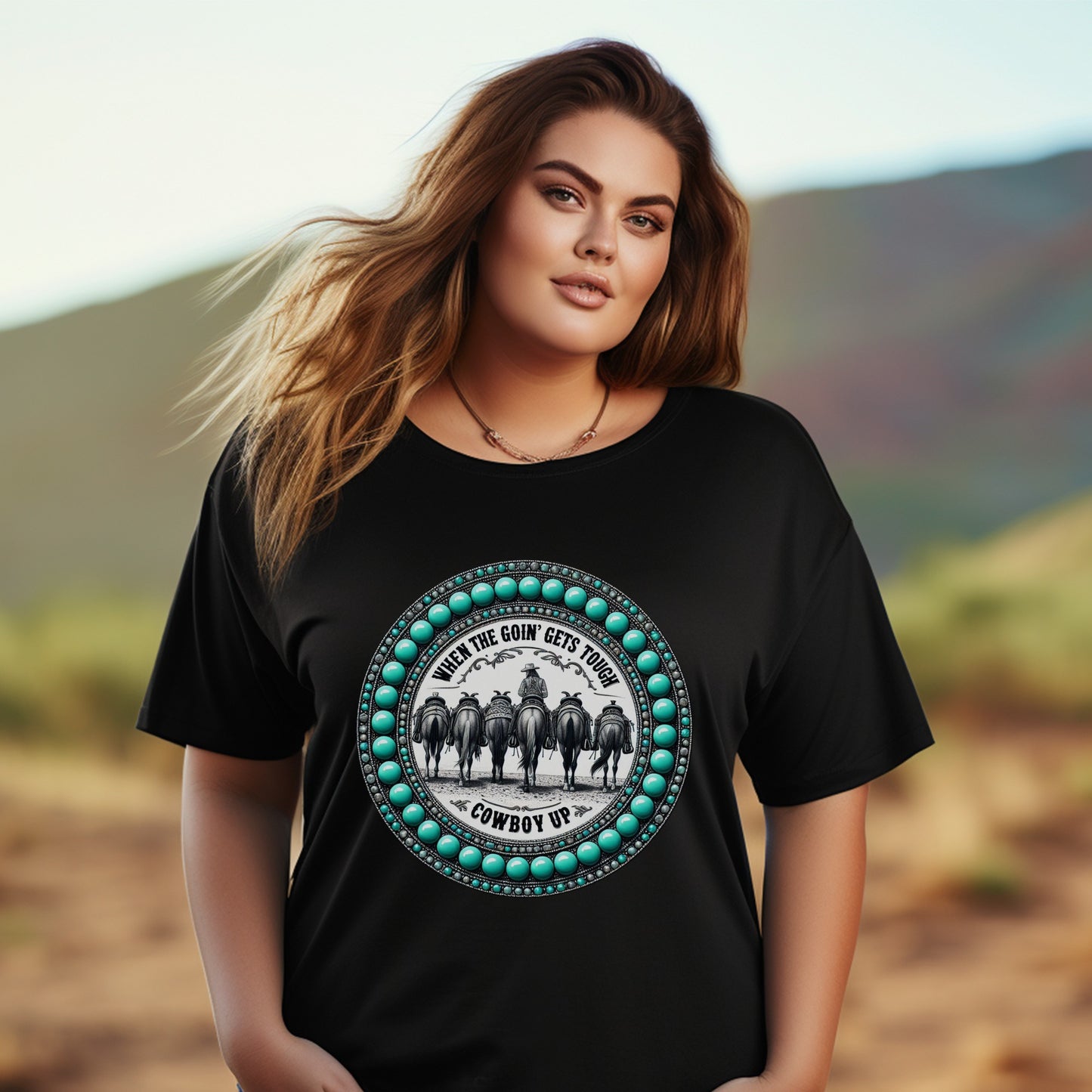 Plus Size Western Graphic Tee, Cowboy Up Slogan, Turquoise Black Women's T-Shirt