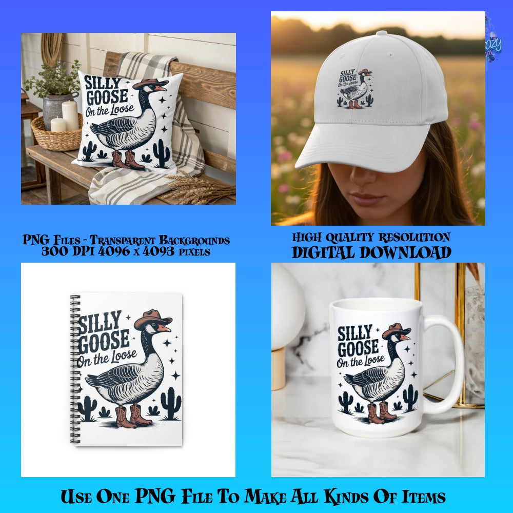 Silly Goose on the Loose Pillow, Cap, Mug, Notebook Design PNG Digital Download