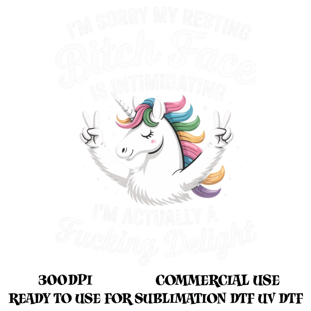 Unicorn Graphic T-Shirt Design, Colorful Resting Bitch Face, Funny Delightful Unicorn, Commercial Use, Sublimation DTF UV, 300DPI Digital